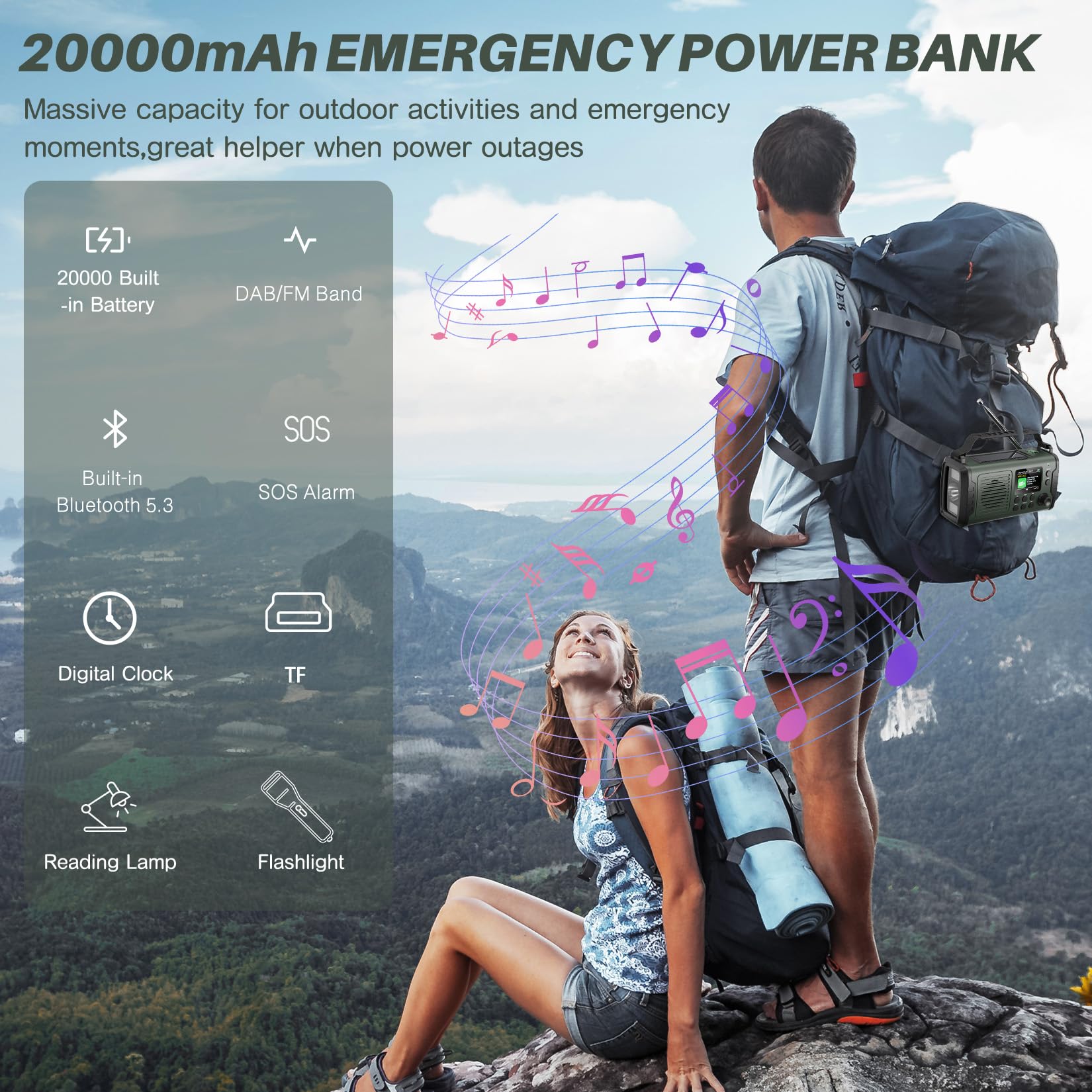 Kurbelradio DAB FM 20000mAh, Notfallradio DAB Plus Kurbel Solar, Solar Radio Notfall mit Bluetooth & Wecker, Emergency Radio mit Handy Ladegerät & Taschenlampe, SOS Kompass Survival Radio (Grüner)