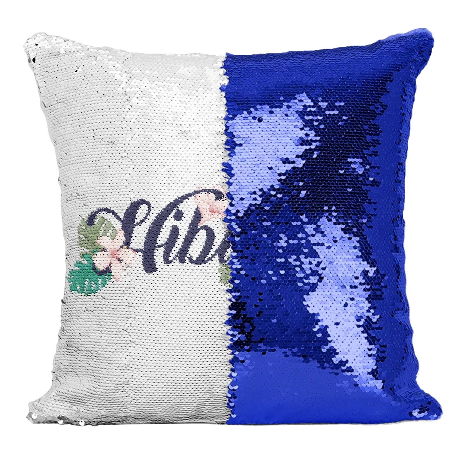 Coussin hibiscus à paillettes bleu pour sublimer l'ambiance chic de votre salon de jardin