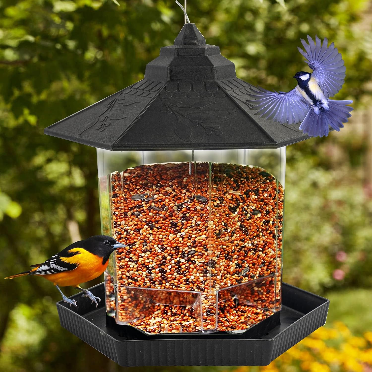 FUNPENY Hexagon Shaped Hanging Wild Bird Feeder for Outside, Outdoors, Bird Seed Feeders Clearance Squirrel Proof, Black