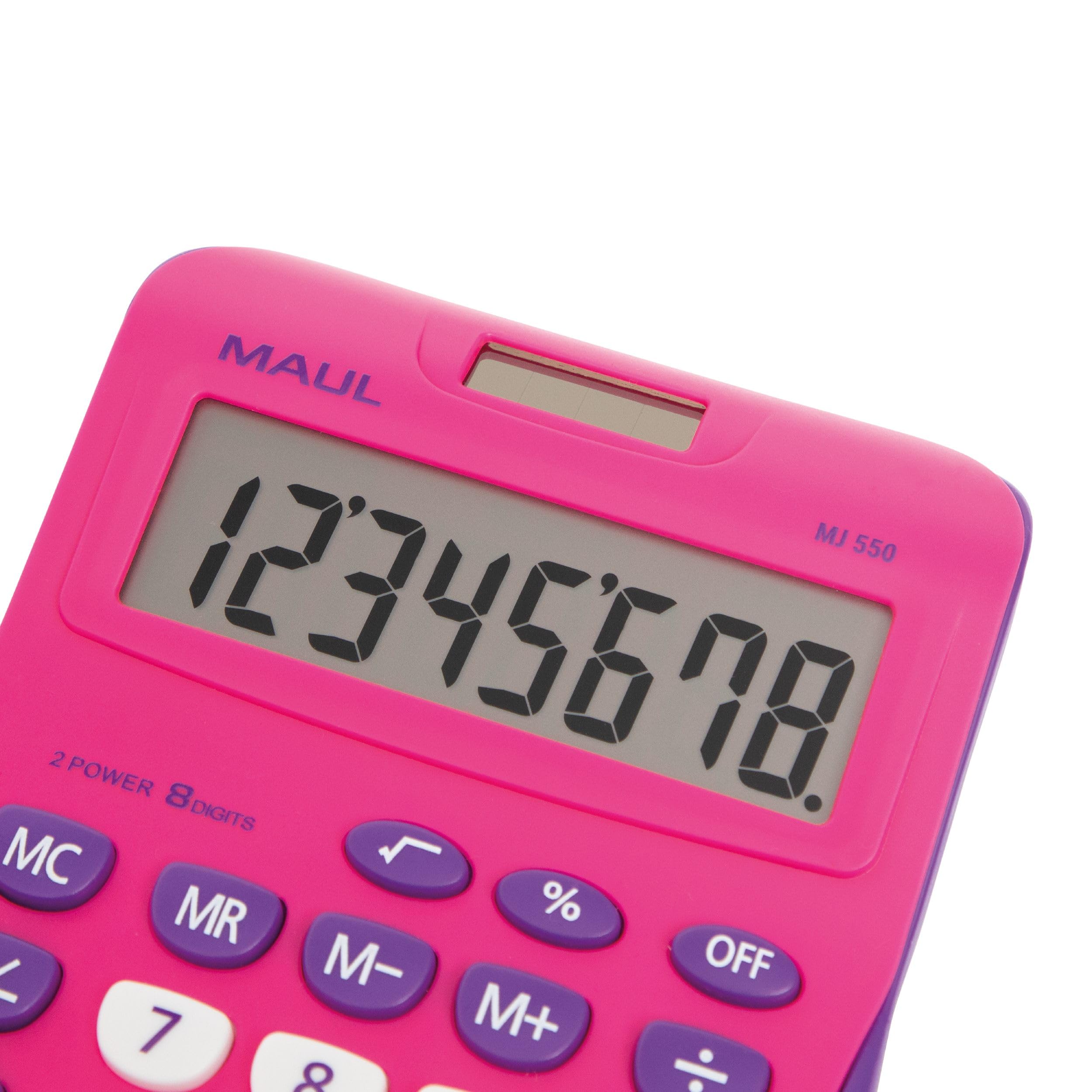 Maul calculadora MJ 450 | Calculadora Rosa con Pantalla de 8 dígitos | Calculadora Solar con utilización de la Pila en la Oscuridad | Calculadora pequeña 15,5 x 11 x 2,5 cm | Rosa