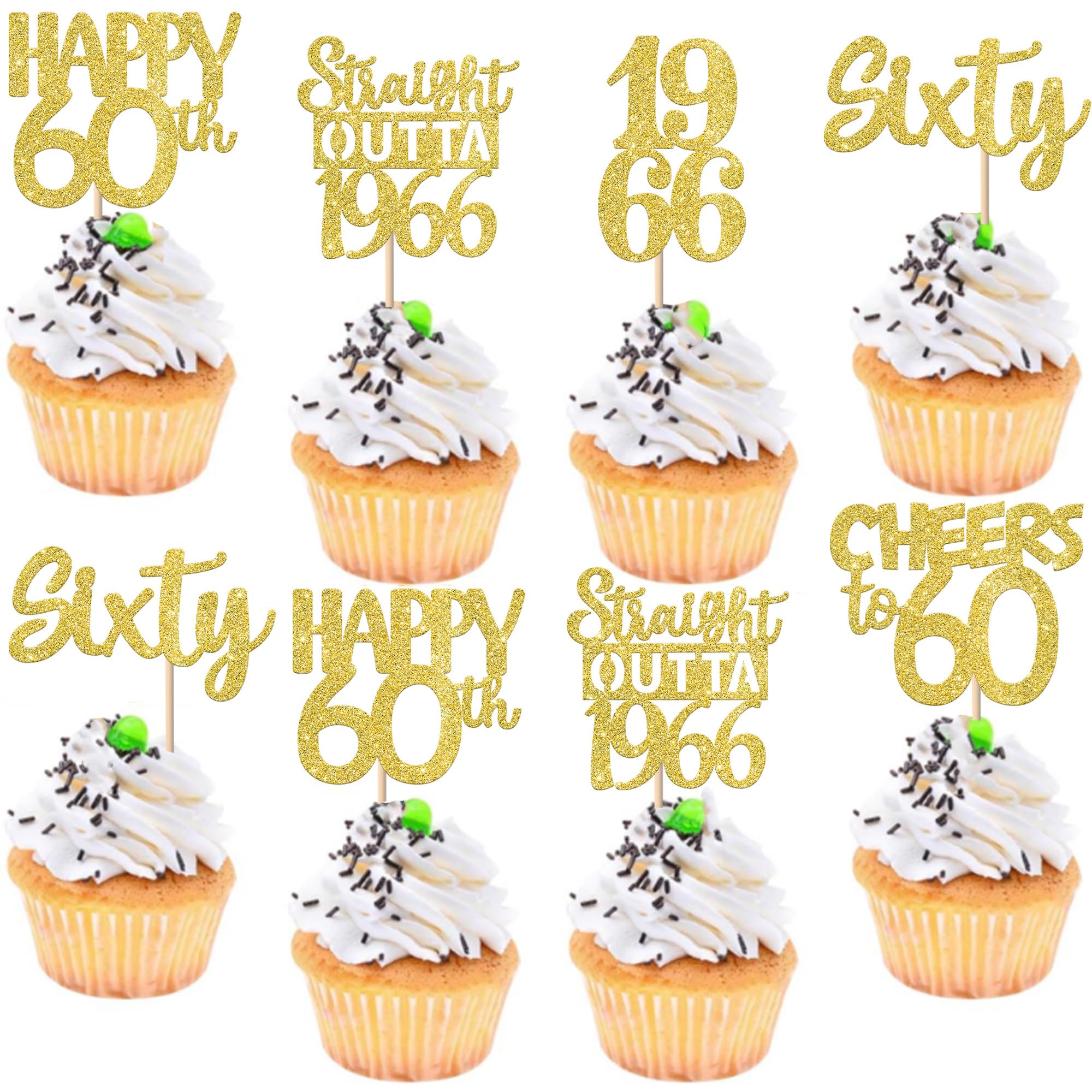 Xsstarmi 30 Pack Happy 60th Birthday Cupcake Toppers Gold Glitter Sixty Straight Outta 1966 Cupcake Picks for Cheers to 60 Years 60th Birthday Anniversary Party Cake Decorations