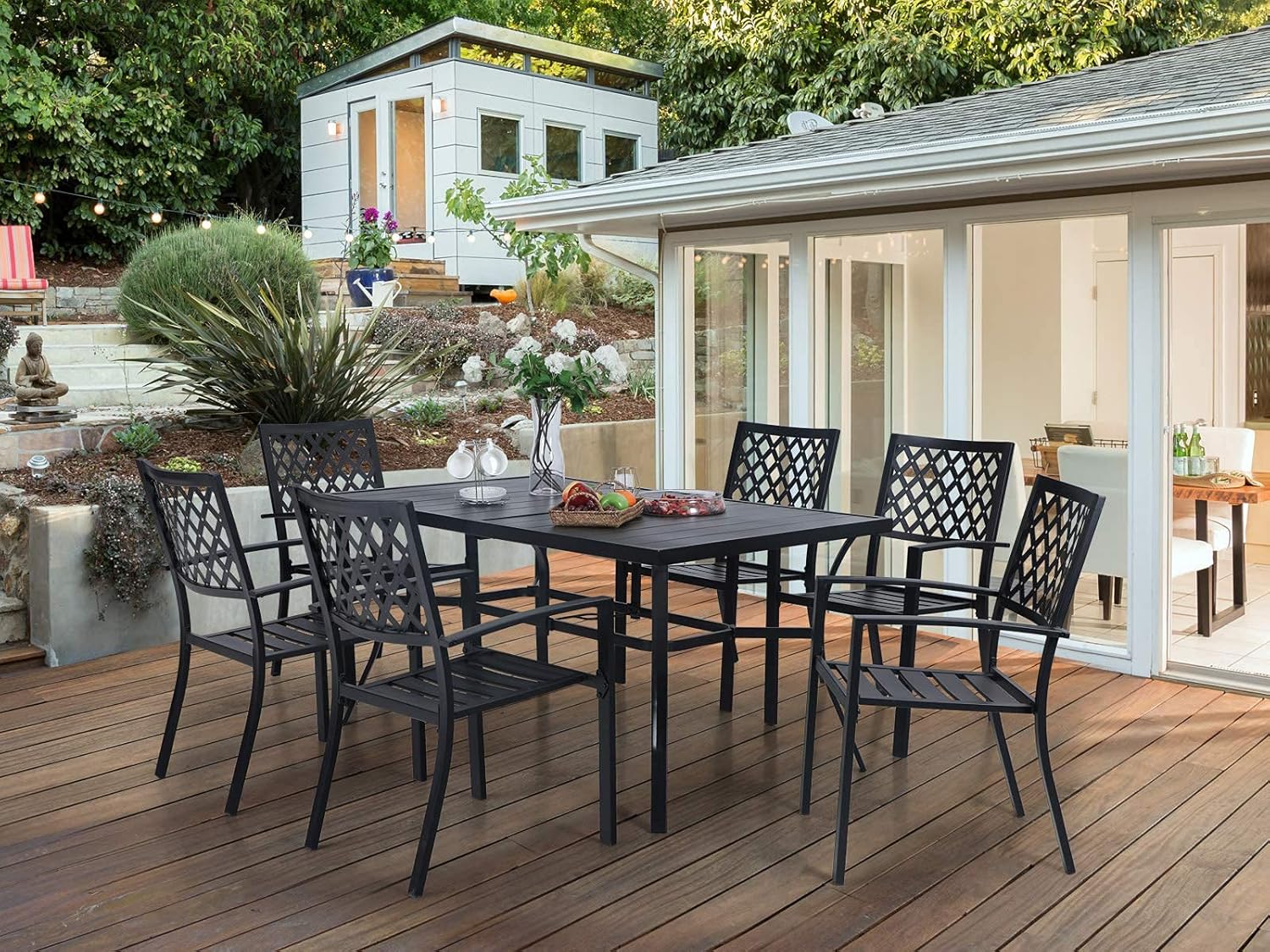 MFSTUDIOO 6-Person Outdoor Metal Steel Slat Dining Rectangle Table with Adjustable Umbrella Hole, Black : Patio, Lawn & Garden