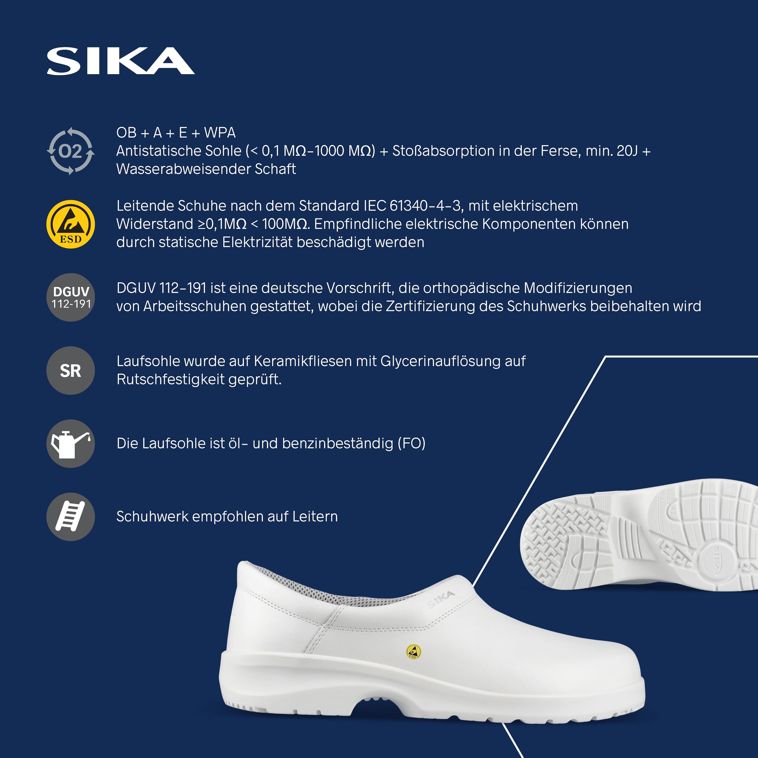 SIKA Unisex-Clogs, rutschfeste Arbeitsschuhe, wasserabweisendes Permair-Leder, stoßdämpfende Sohle, ESD-geprüft, waschbare Innensohle, professionelle Clogs für den Lebensmittel- und Medizinbereich