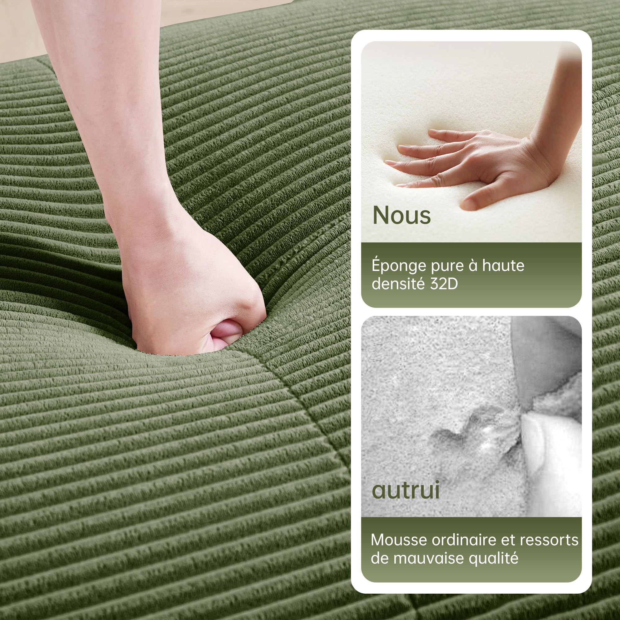 Canapé d'angle convertible moderne de 208 cm avec pouf, canapé modulaire en velours côtelé en forme de L, canapé compressé 2 à 4 places pour salon, assise extra profonde, aucun assemblage requis