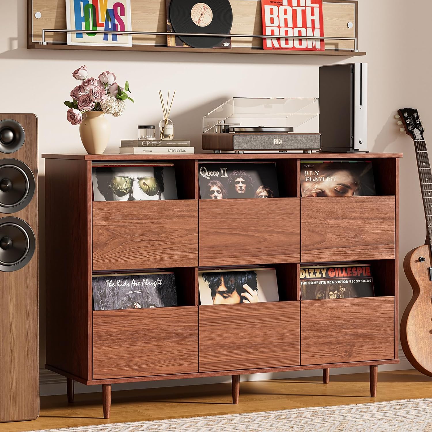 BROTTAR Großer Plattenspieler-Ständer 120 cm, Schallplattenaufbewahrung für 17/25/30 cm Platten, Mid-Century Medienschrank mit Schubladen, Schallplattenhalter für Wohnzimmer & Musikecke, Braun