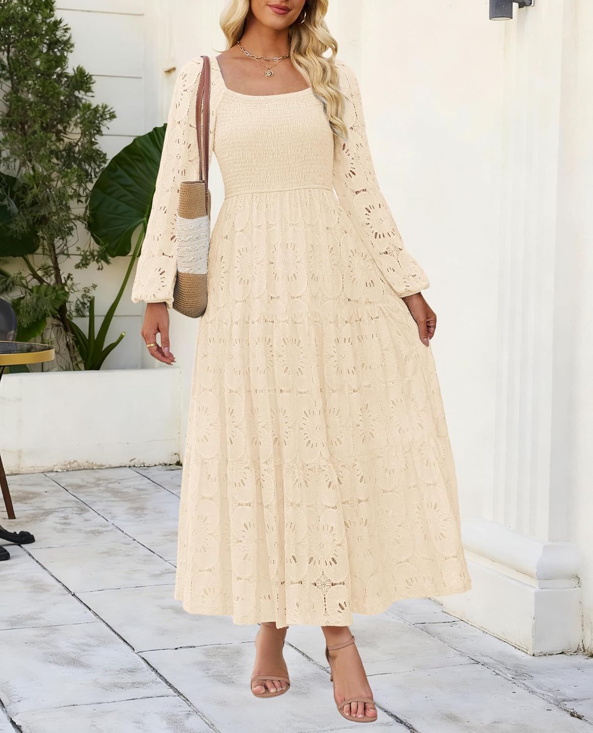 Women's Fall Long Puff Sleeve Maxi Dress Smocked Square Neck Lace Hollow Out Eyelet A Line Boho Flowy Wedding Guest Dresses - Image 3