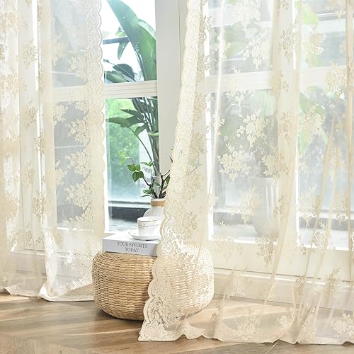 Kotile Cortinas traslúcidas beige de 96 pulgadas de largo para sala de estar, 2 paneles de cortinas rústicas de encaje florales retro crema para