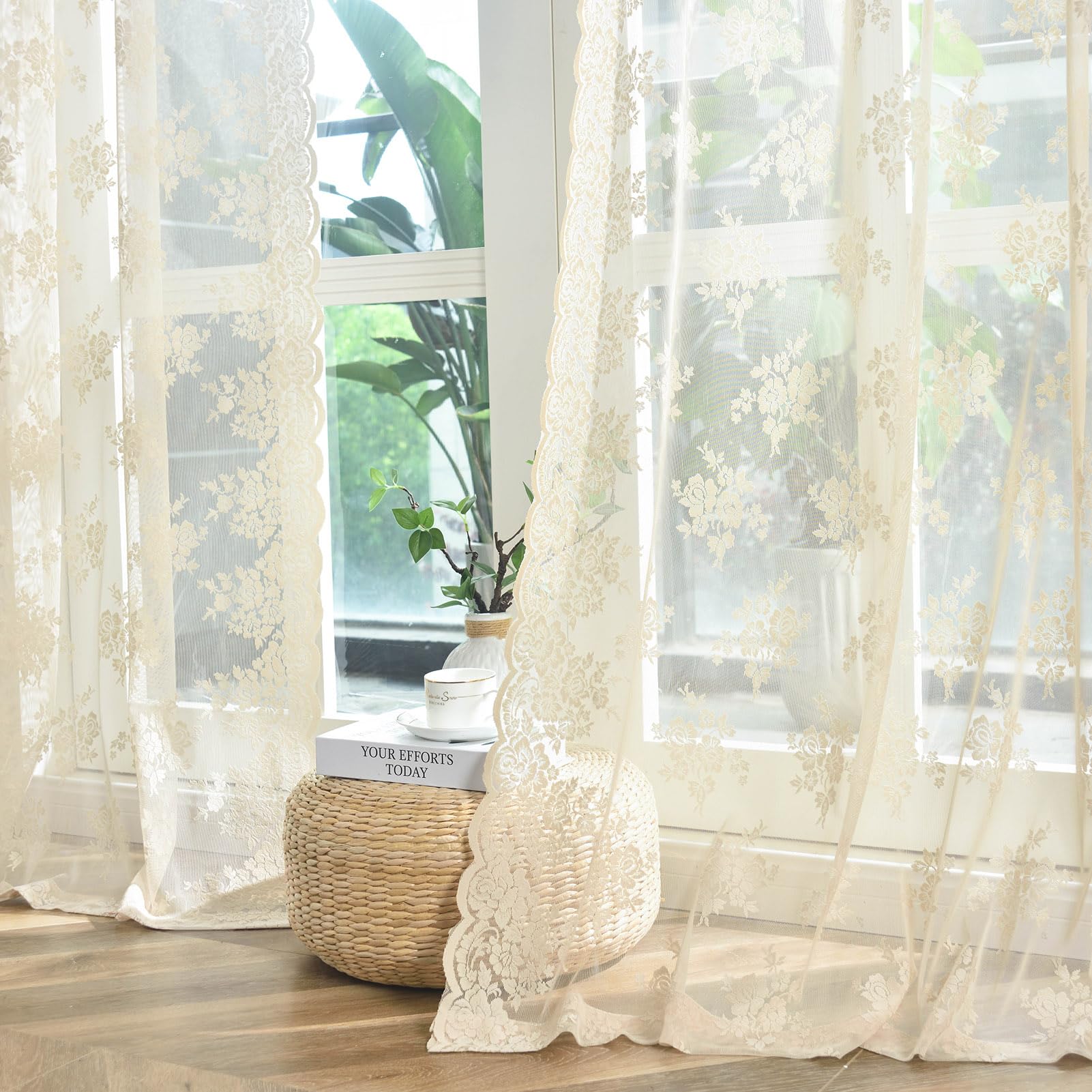 Kotile Vintage Beige Lace Curtains for Living Room 52 x 96 Inch, 2 Panels | Rod Pocket, Knitted Openwork Texture, Softened Daylight, Gentle Traditional Charm, Tall Floor-Length Window Look, Privacy-image-31