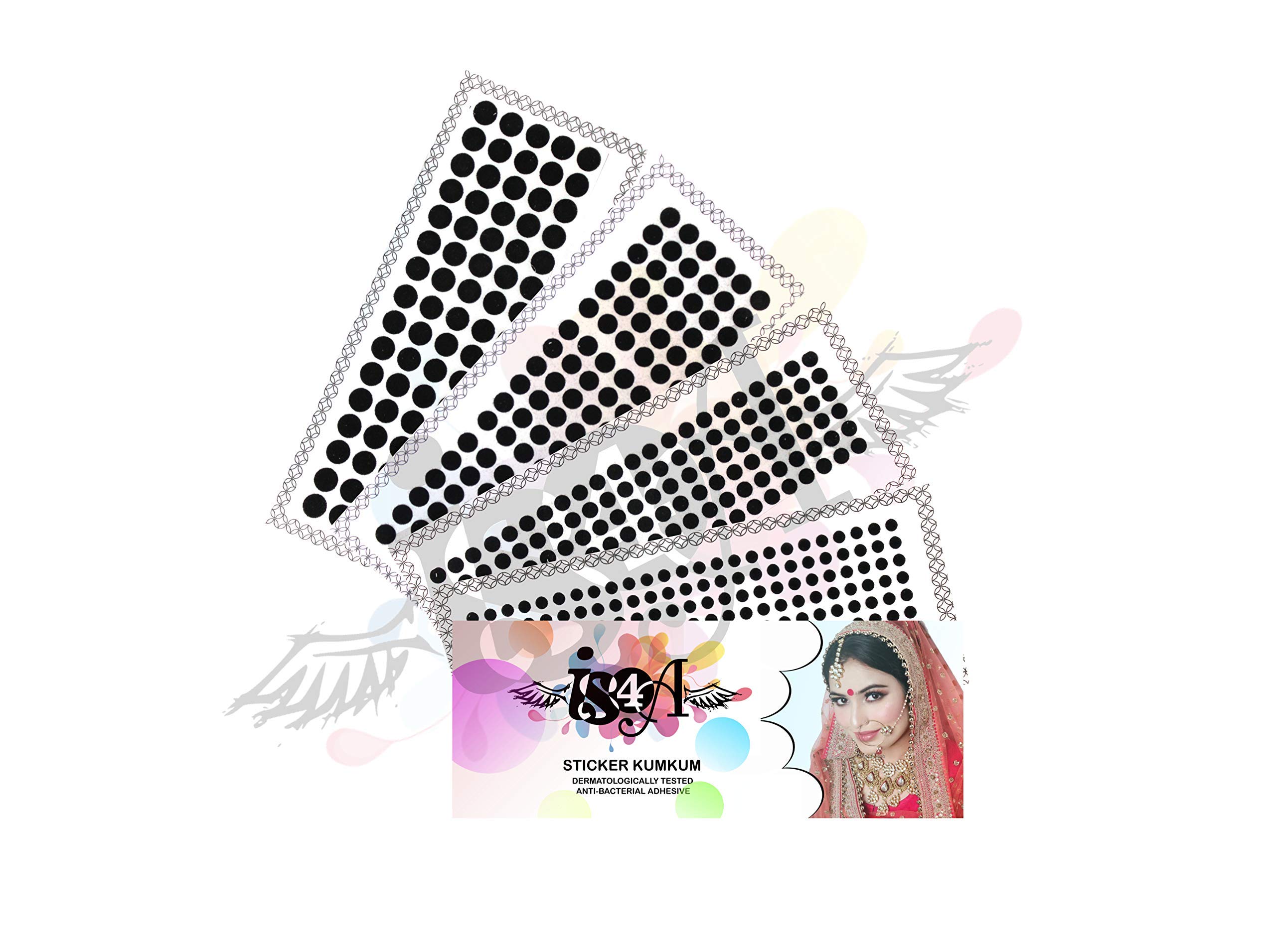 IS4A 516 Indian Velvet Round Dot Bindi Tattoo Stickers Adhesive Body Jewelry Multi Colored Different Size Daily Use Forehead Bindis (Black)