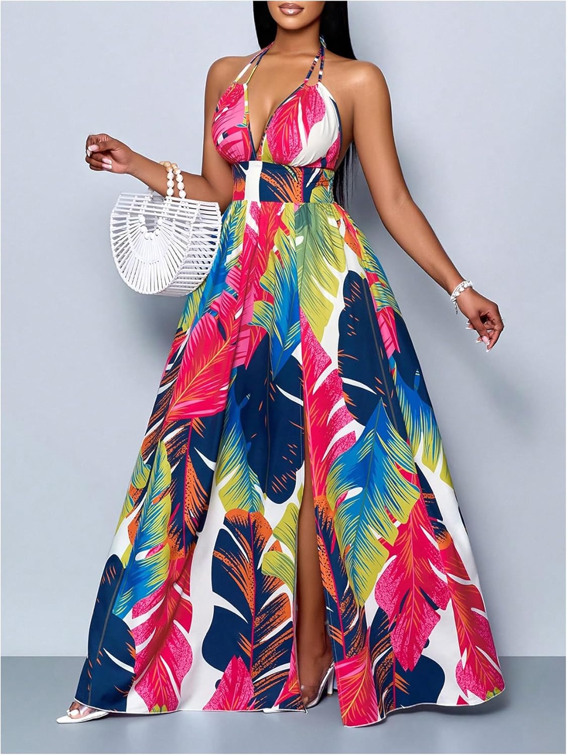 Floerns Women's Summer Long Dress Tropical Halter Neck Slit Hem Beach A Line Dresses - Image 3