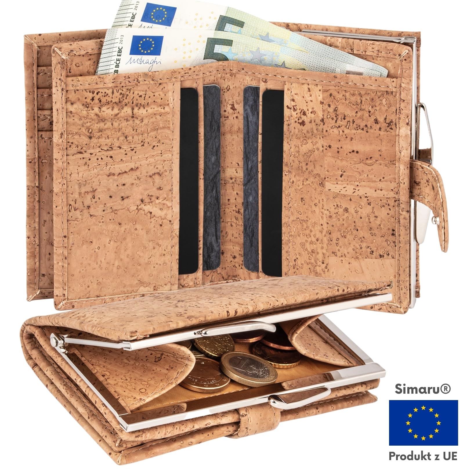 Simaru Wegański portfel damski z korka z metalowym zatrzaskiem i ochroną RFID | Okienko na dowód, przegródki na karty i kieszeń na bilon | Naturalny korek 9x12 cm | Wysoka jakość i dbałość o (Beżowy)