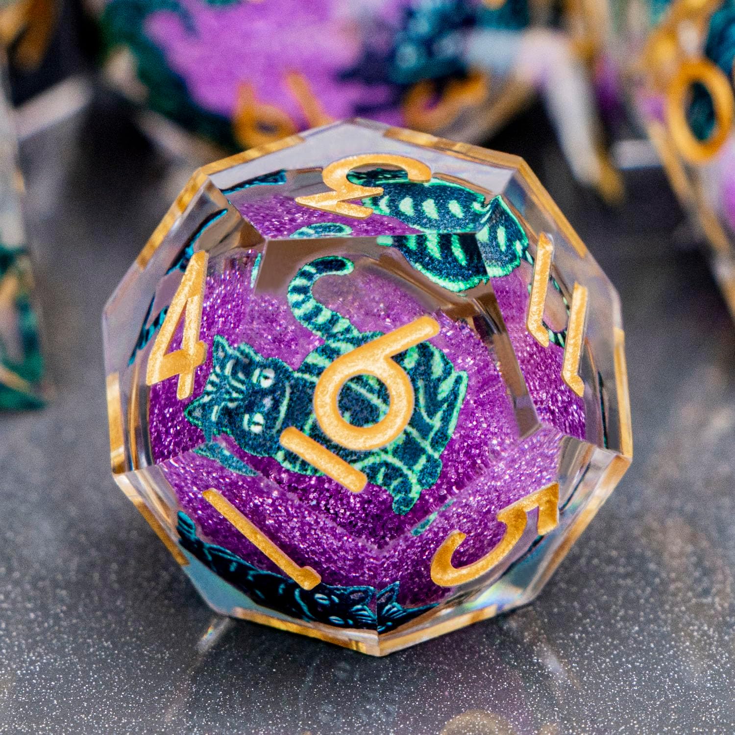 DND Cat Dice 7PCS Polyhedral Sharp Edge Dice Set with Gift Case for Dungeons Dragons Role Playing Game, RPG Resin D and D Dice D6 D8 D10 D12 D20 D% (Gold Purple)