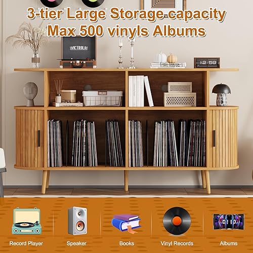 Miniatura 7 de Soporte moderno para tocadiscos de mediados de siglo con almacenamiento, gabinete de almacenamiento de discos de vinilo y consola multimedia con