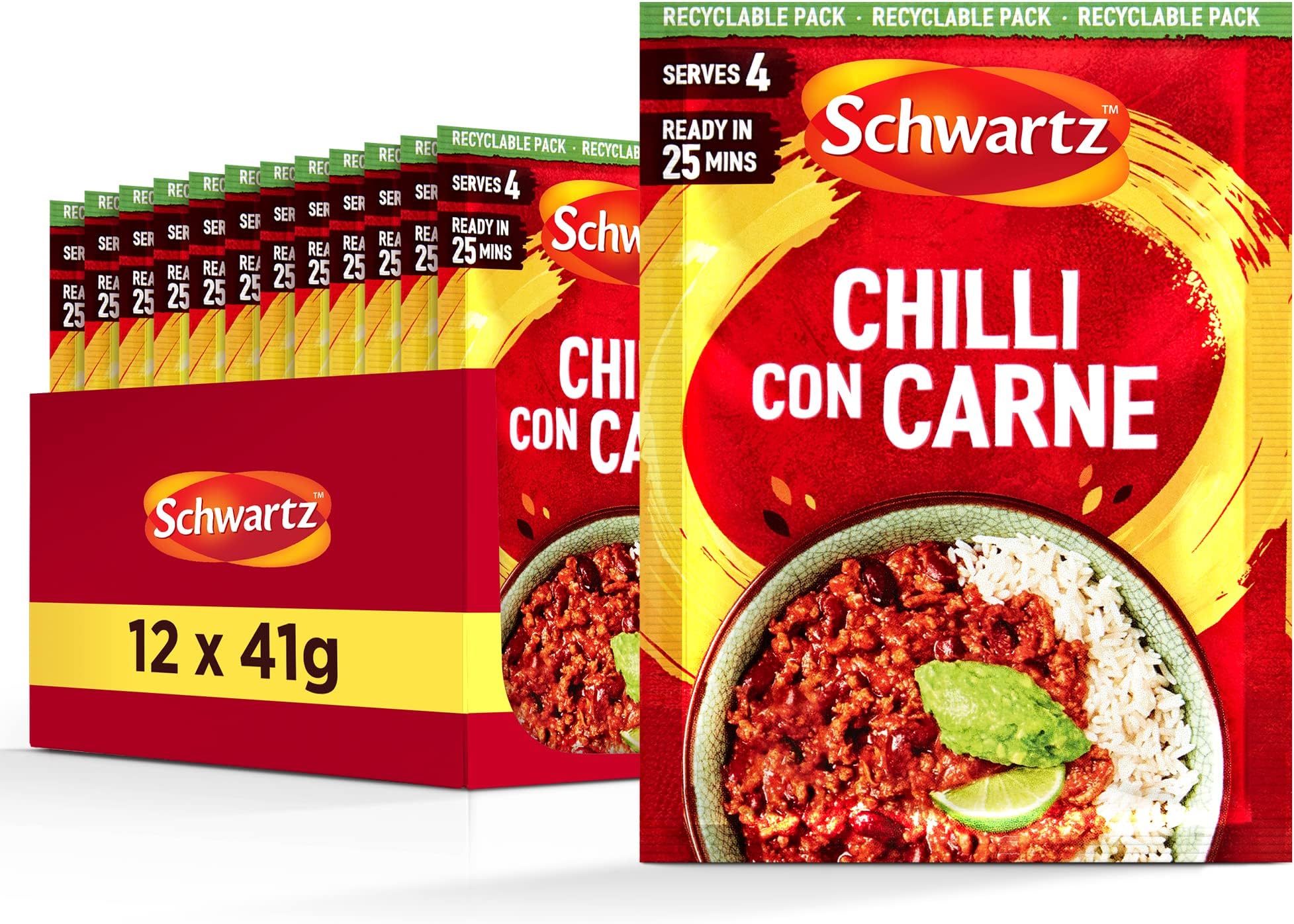 Schwartz Chilli Con Carne Recipe Mix 41 G Serves 4 Pack of 12 Hot & Spicy Rich Mexican Flavour With Fiery Chillies, Earthy Cumin, Dried Garlic and Onion Powder