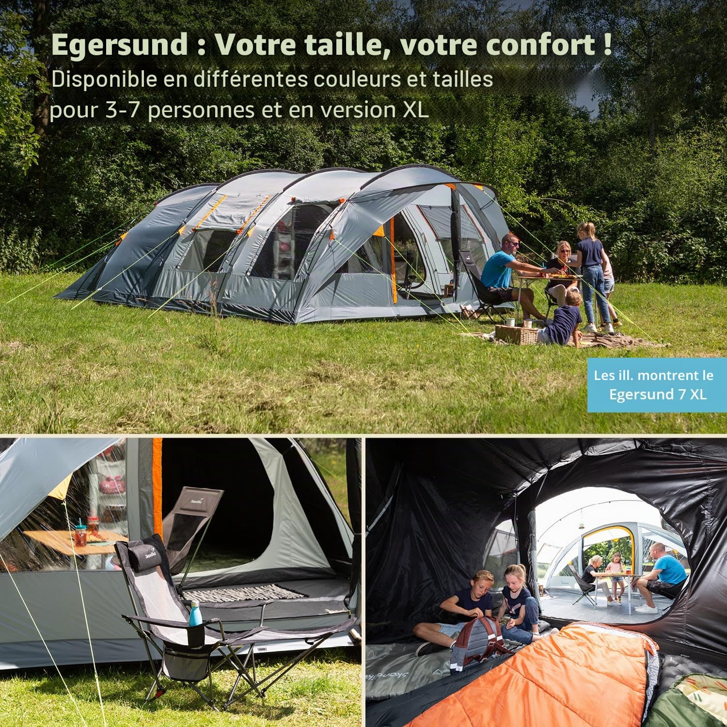 Skandika Tente Tunnel Egersund 5 XL Sleeper Protect | Tente de Camping familiale pour 5 Personnes, Sol de Cousu, Cabine de Couchage Noire, Hauteur 2 m, étanche, Anti-UV