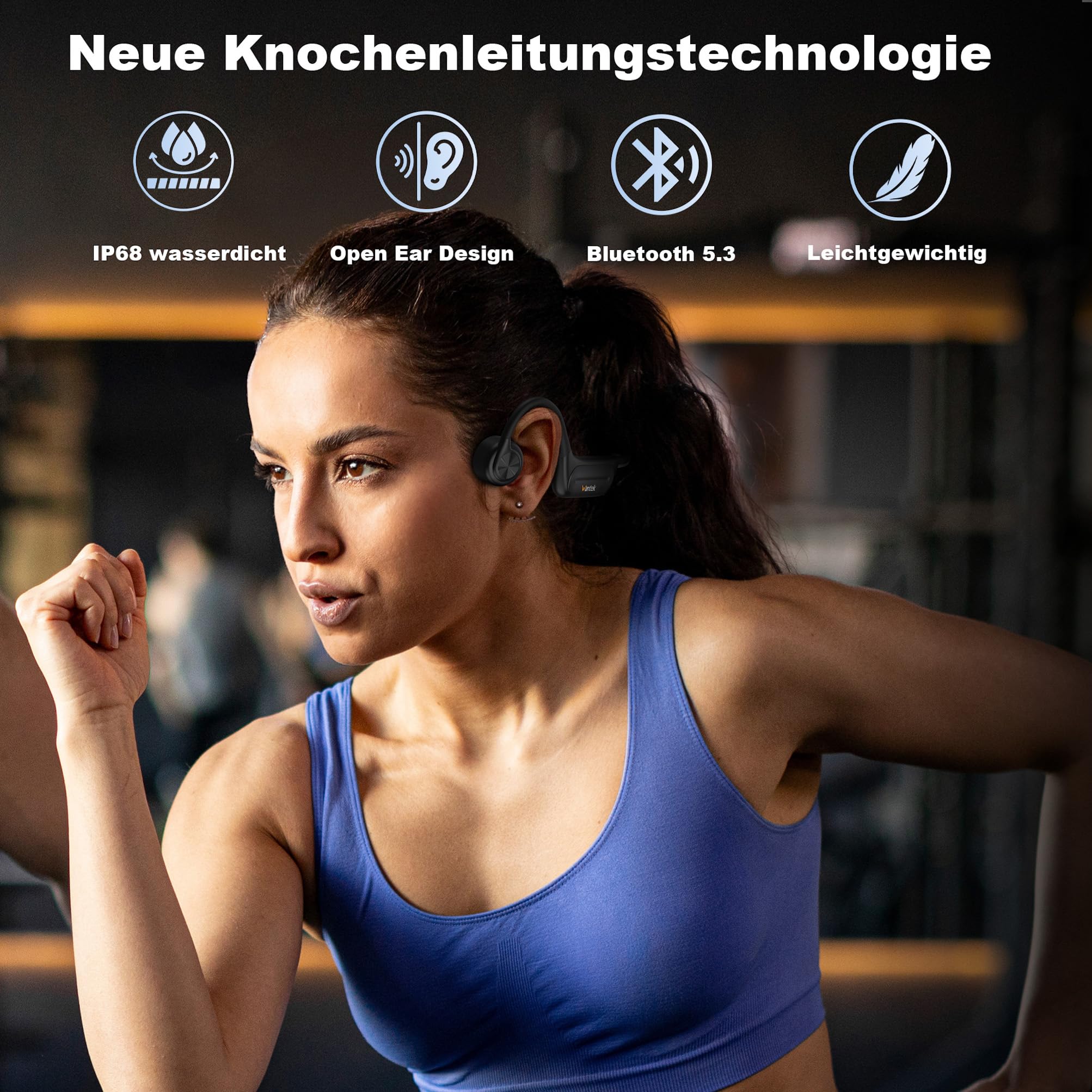 Wantek Knochenschall Kopfhörer Bluetooth 5.3,Open Ear Schwimmen Kopfhörer Eingebaute 32GB Speicher MP3,Kabellos Sport Kopfhörer IP68 Wasserdicht für Läuft Radfahren Trainieren Wandern Schwimmen