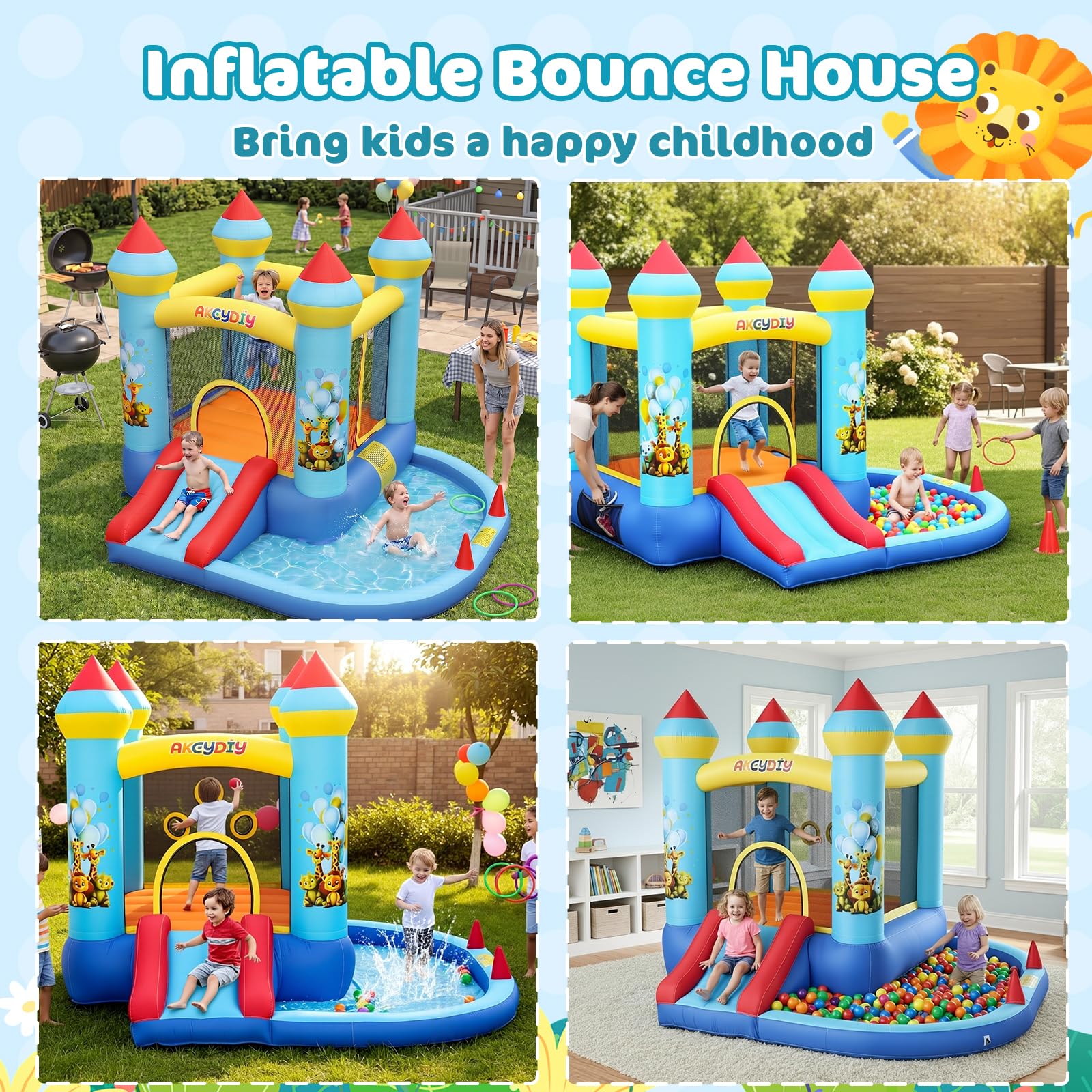 AKEYDIY Castillo Hinchable con Tobogán y Piscina de Bolas 310 x 265 x 215 cm, para Niños de 3 a 10 Años, para Interior/Exterior (Azul con Piscina)