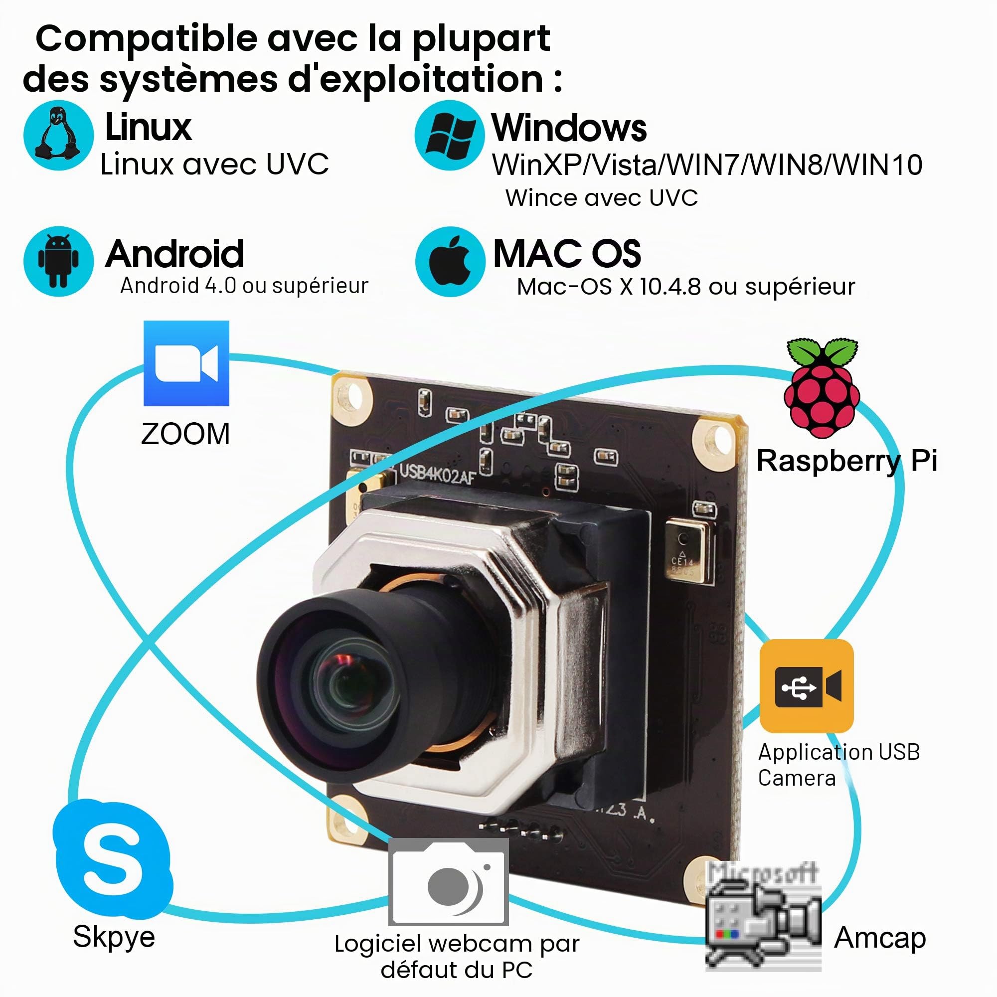 ELP 4K Module de caméra autofocus Ultra HD USB avec objectif sans distorsion IMX415 Capteur 2160P 30fps Webcam USB4K02AF-V100