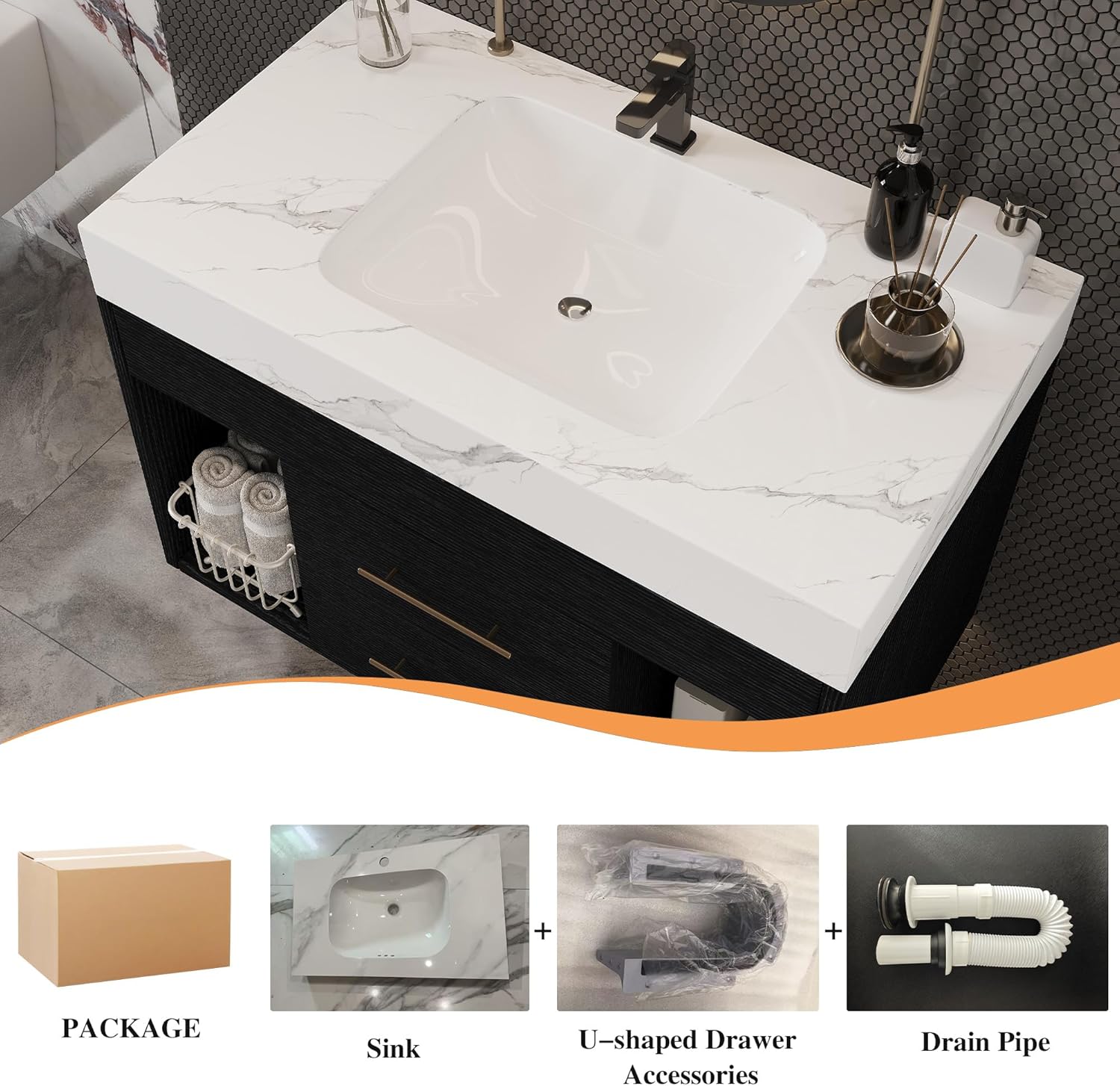 30" Modern Black Bathroom Vanity Sink Set Wall-Mounted Bathroom Vanities with Sintered Stone Top&Ceramic Undermount Sink 30 inch Floating Bathroom Sink Cabinet with 2 Drawers&2 Cabinets