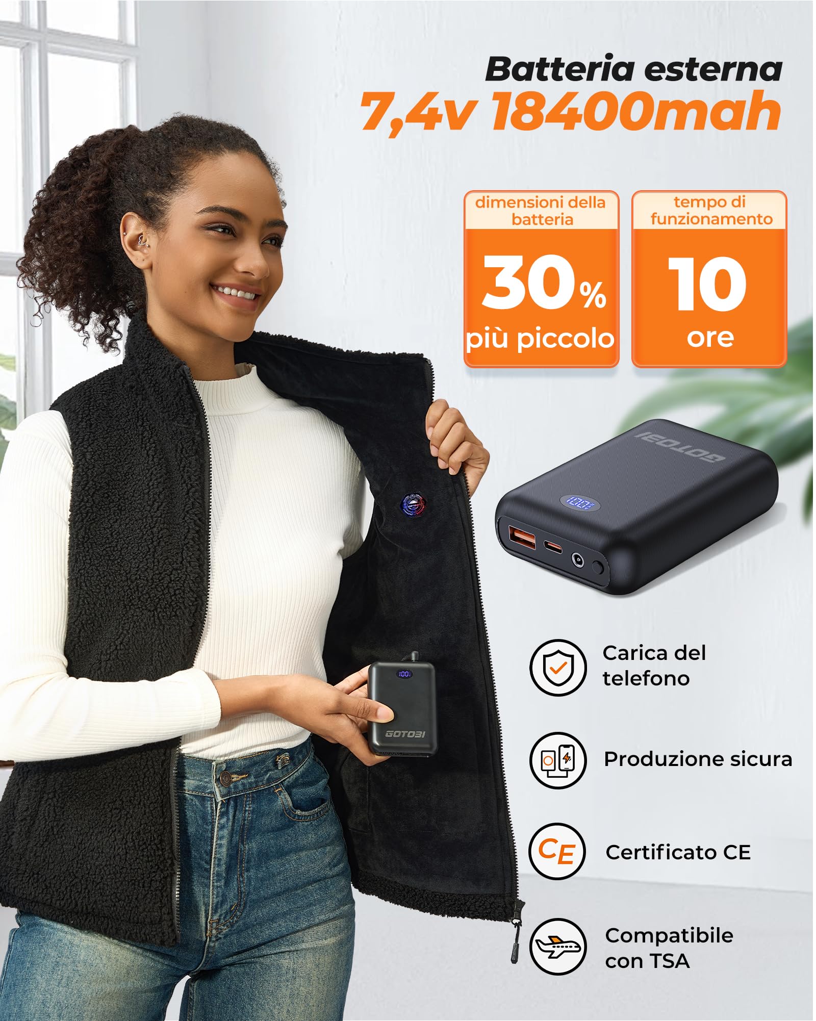 Gilet Riscaldato Donna Con Batteria Da 7,4 V, 16000 mAh, 9 Zone Di Riscaldamento, Gilet In Pile Riscaldato Con 3 Temperature Regolabili, Per Ciclismo, Lavoro All'Aperto