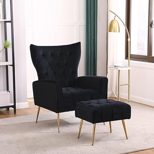 Silla decorativa con otomana, silla tapizada con respaldo alado y juego otomano, silla de descanso copetuda con reposapiés y asiento ancho, cómodo