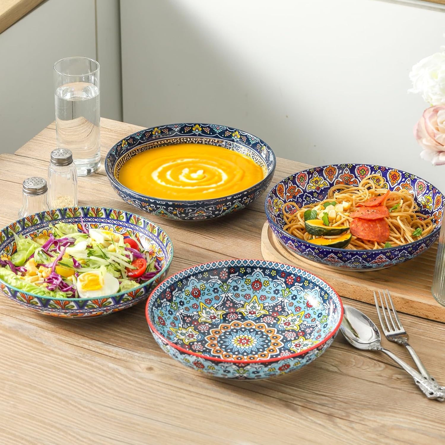 glowworm Pasta Bowls Set of 4, 42 oz Ceramic Salad Bowls for Kitchen, Large Serving Bowls for Ramen, Fruit, Housewarming Gift, Dishwasher & Microwave Safe, Bohemian - Image 6