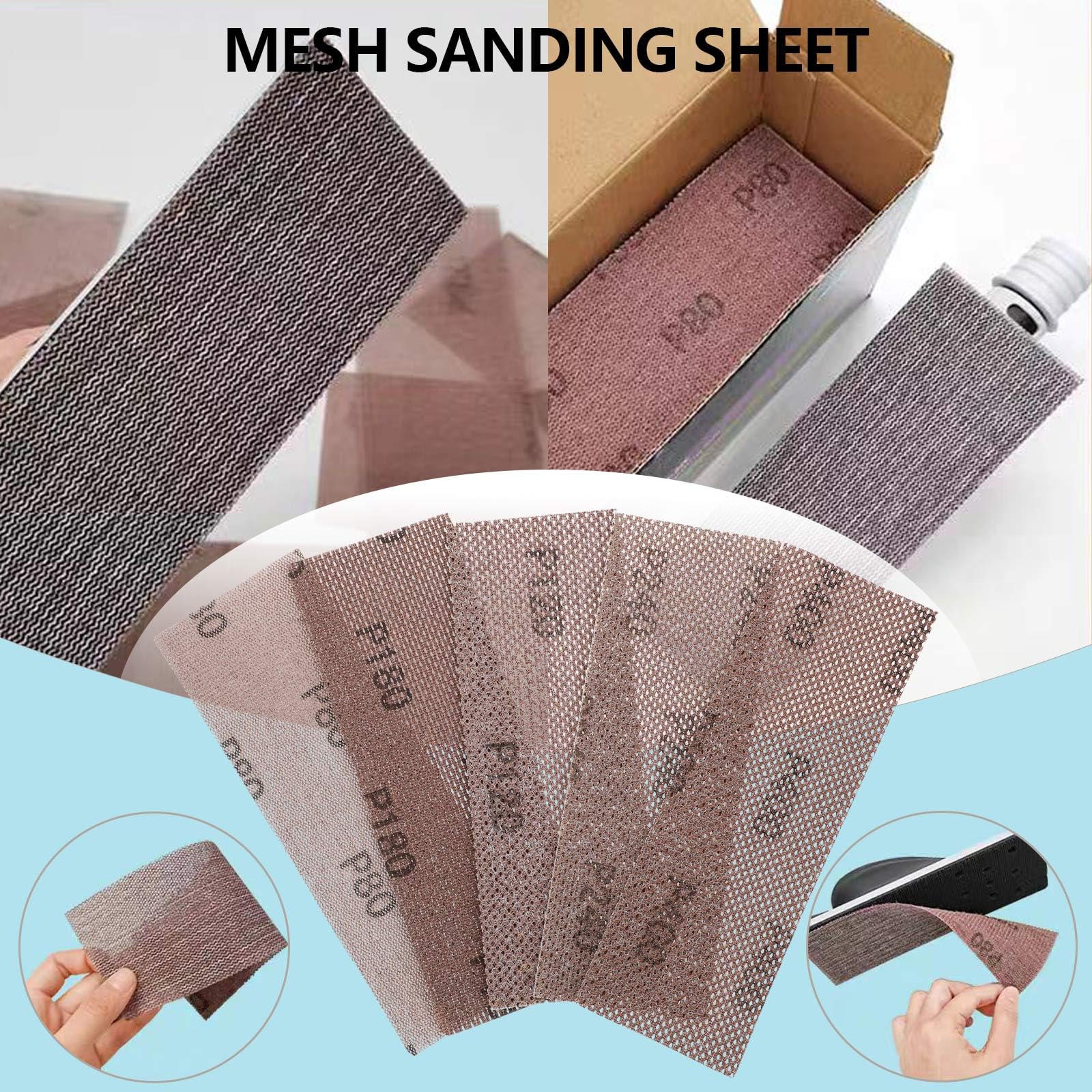 SG Store 25pcs Mesh Sanding Sheets 70x198mm Mesh Hook and Loop Sanding Pads Silicon Carbide 80 120 180 240 400 Grit for Orbital Sander Hand Sanding Polishing - Image 2