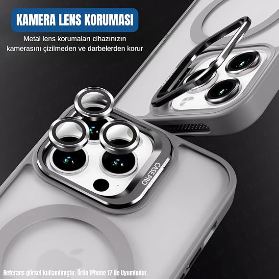 Ehr. iPhone 17 ile Uyumlu Magsafe Wireless Şarj Özellikli Kamera Standlı Lüks Mat Silikon Kılıf [Lens Koruyucu Hediyeli] (Gri, iPhone 17)