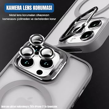 Ehr. iPhone 17 ile Uyumlu Magsafe Wireless Şarj Özellikli Kamera Standlı Lüks Mat Silikon Kılıf [Lens Koruyucu Hediyeli] (Gri, iPhone 17)