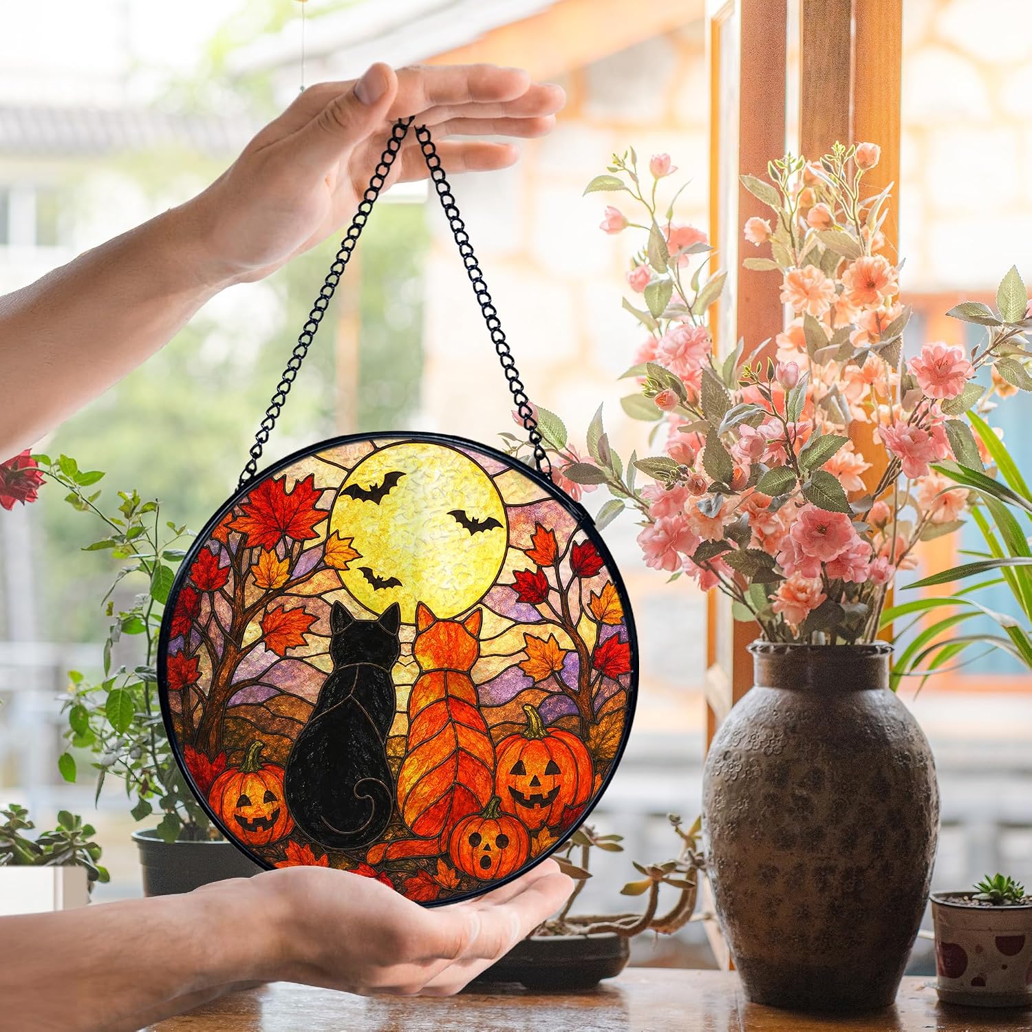 Black Orange Cat Suncatcher Stained Glass Window Hanging 7.8x7.8In