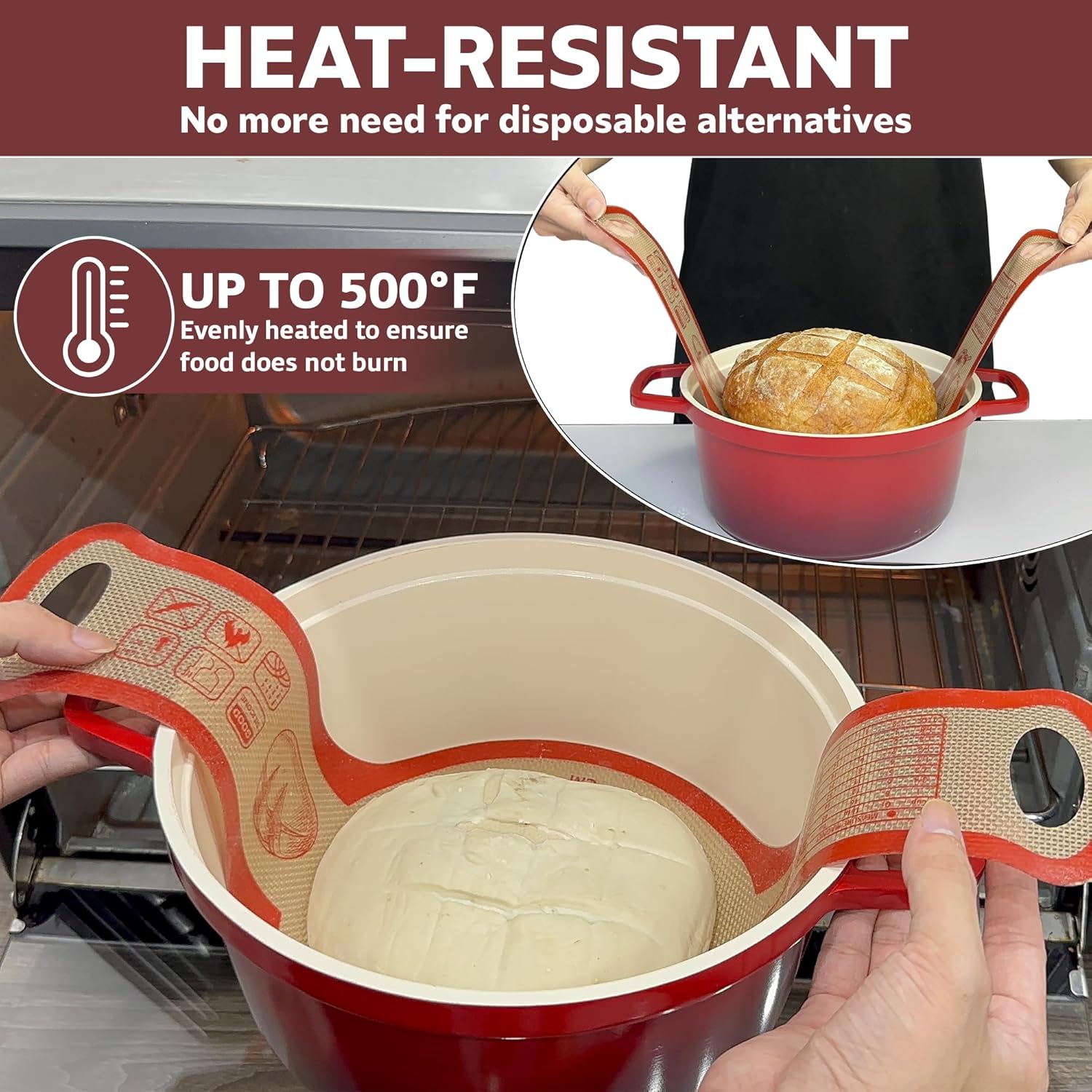 Silicone Bread Sling for Dutch Oven, 2 PCS Non-Stick Reusable Bread Baking Mats with Long Handles, Seamless Design Easy to Transfer Sourdough Sling Silicone Sourdough Sling Dough (Round Red, Gray) - Image 4