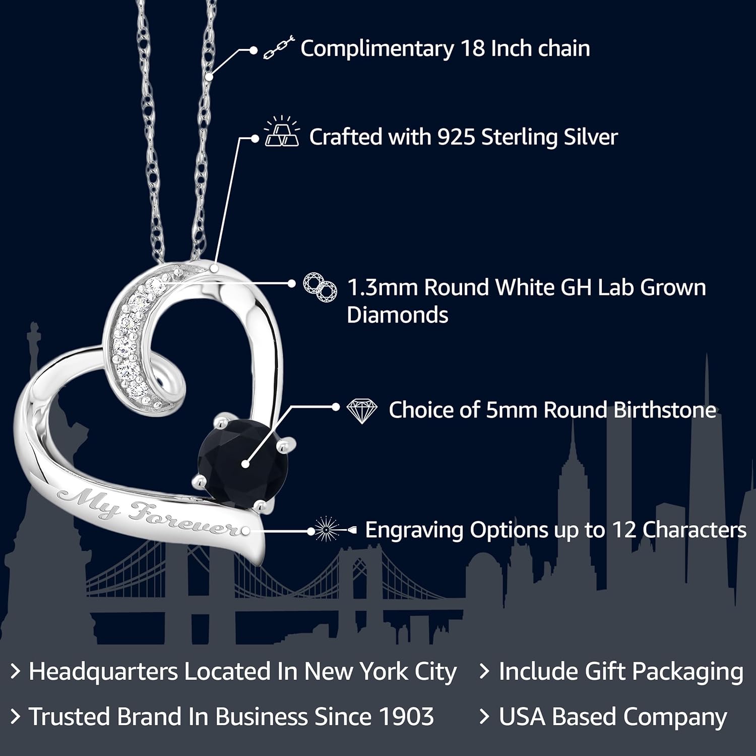 Gem Stone King 10K White Gold Customized and Personalized 5MM Round Gemstone Birthstone and White Lab Grown Diamond Heart Shape Pendant Necklace with 18-Inch Chain