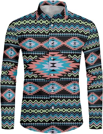 Island Formal Shirts for Men Aztec Pattern Western Ethnic Plus Size Button up Long Sleeve Formal Shirts