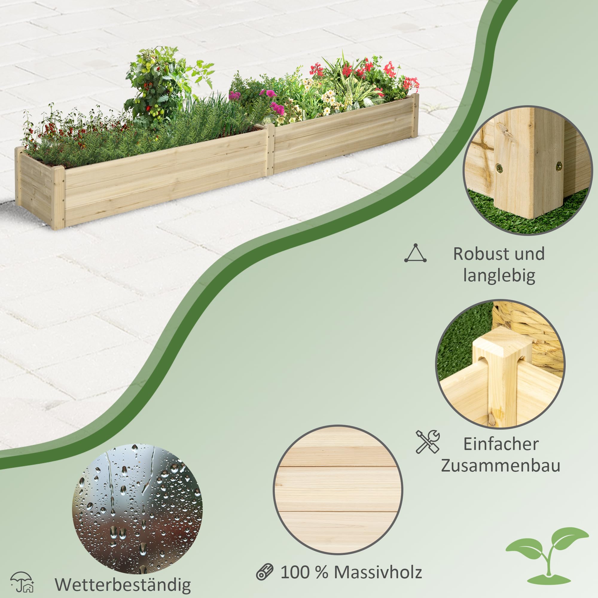 Outsunny Blumenkasten mit 2 Pflanzbereichen 244 x 61,5 x 27 cm Holz Natur