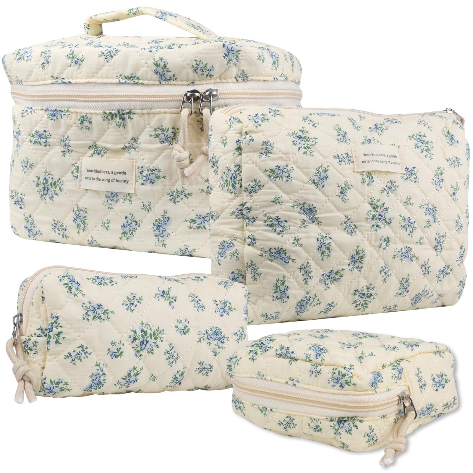 VIWIME Make-up-Kosmetiktasche, groß, Baumwolle, gesteppt, Reise-Kokette, ästhetisch, niedliches Blumenmuster, Make-up-Tasche für Damen, Kulturbeutel, 203 - Blaue Rose, 4 Stück, 10.1x5.8x5.4 inches