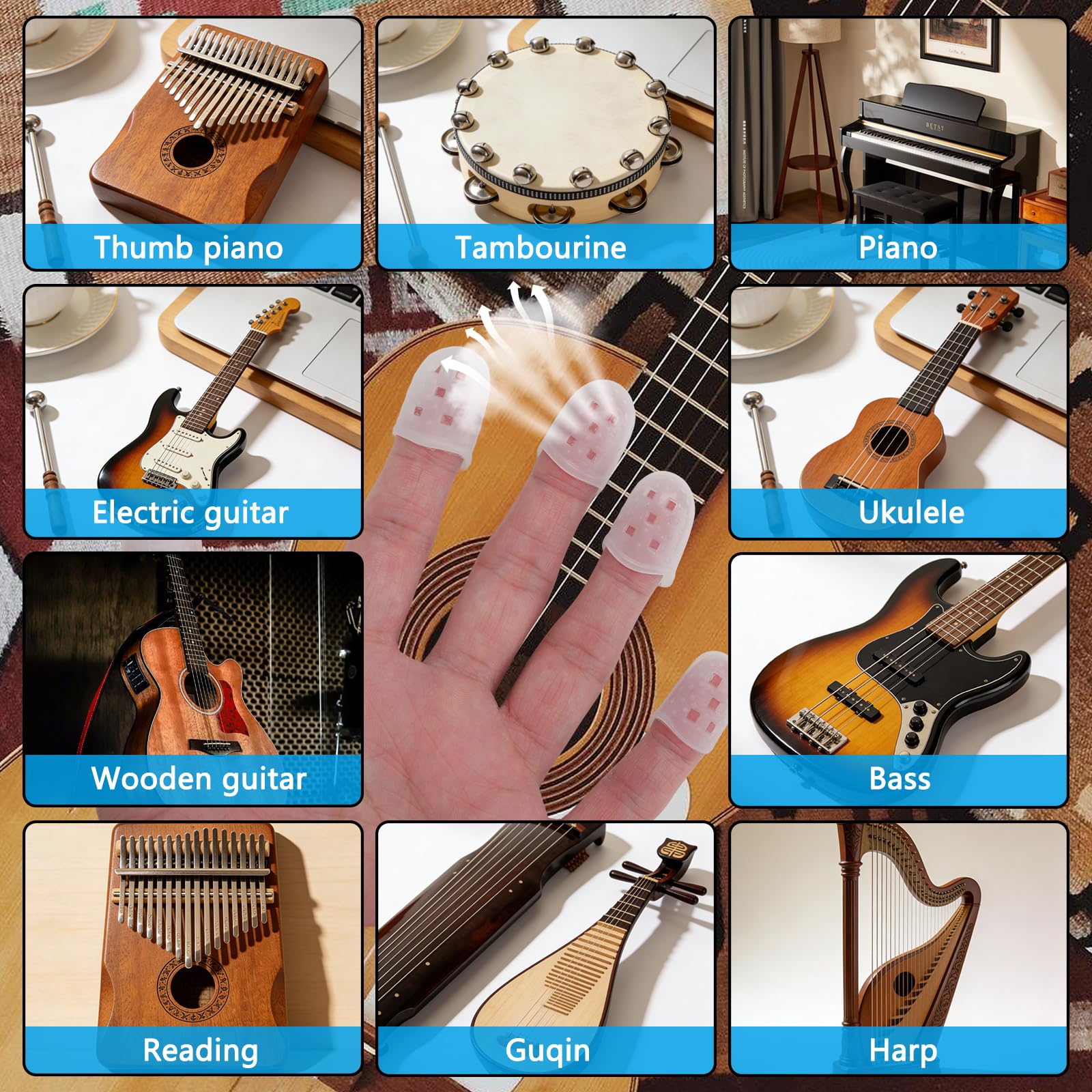 50 Protege Doigts Silicone 5 Tailles Transparent pour Guitare Ukulele et Basse, capuchons doigt respirant anti derapant pour debutants et musiciens, accessoires guitare pratiques
