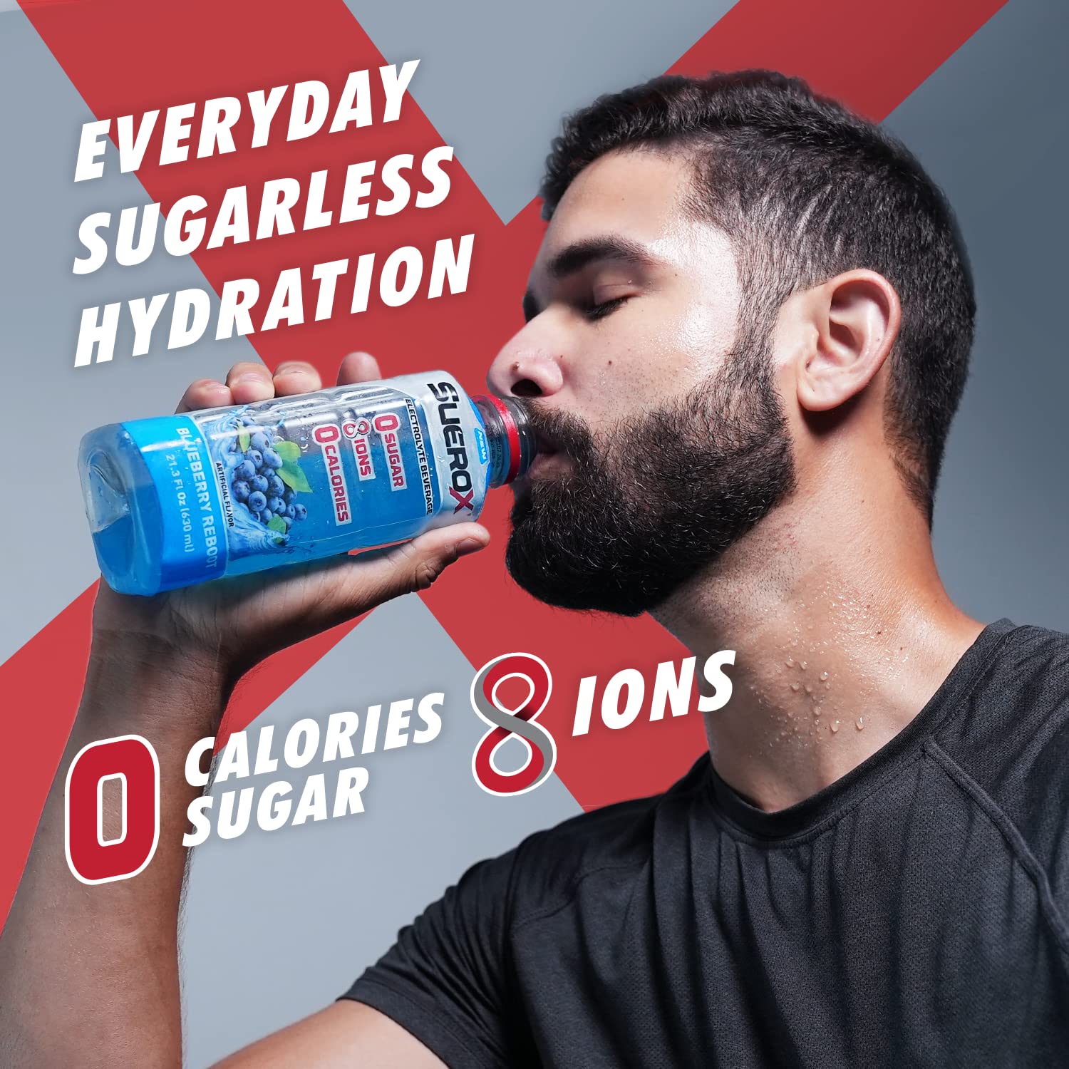 SueroX Zero Sugar Electrolyte Drink, Sugar Free Hydration Beverage, Unique Blend of 8 Ions & Electrolytes, Zero Calorie Sports Drink, Blueberry Reboot, 1- Liter, 8 Count