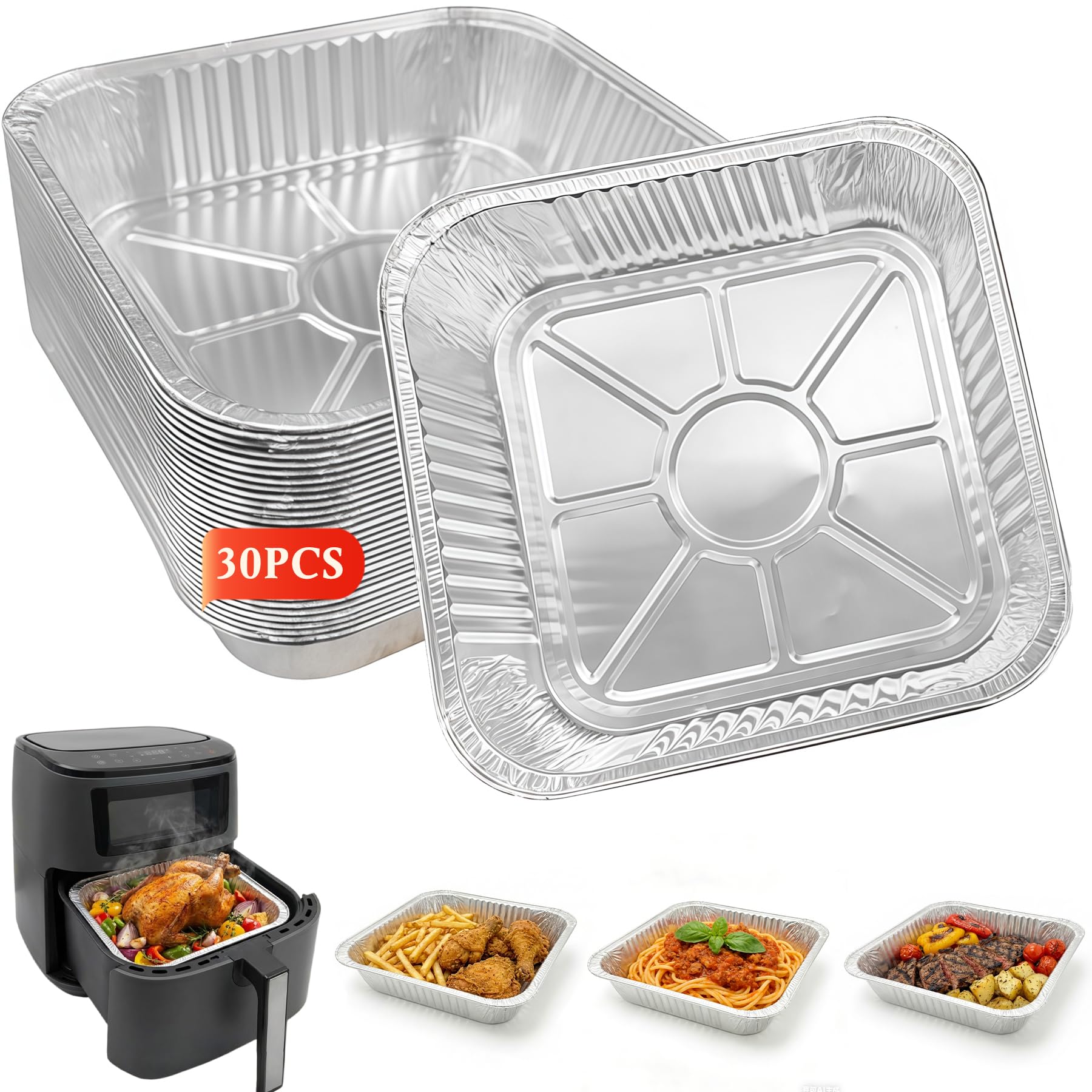 30 Pack 8 Inch Square Air Fryer Liners – Disposable Aluminum Foil Food Containers, Non-Stick Baking Trays for Oven, Grill, Roasting, Cooking – Compatible with COSORI, Ninja, Tower