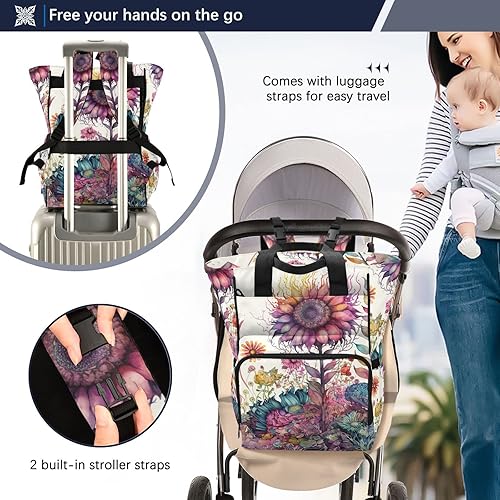 Miniatura 4 de Mochila para pañales (pintura de girasol), bolsa de pañales de gran capacidad con correas para cochecito, insertos de biberón aislados, para