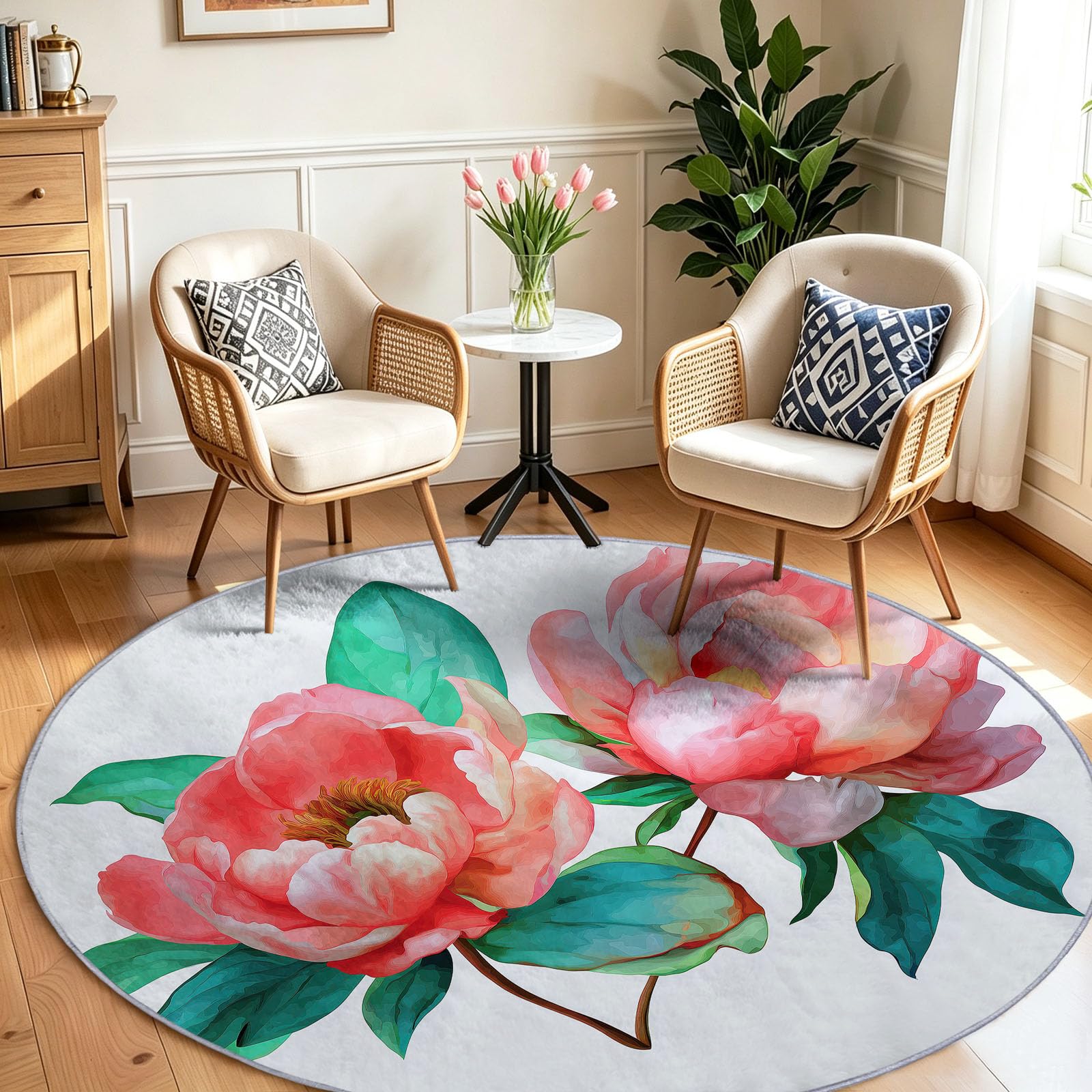 Générique Tappeto rotondo acquerello 120 cm, peonia, foglie verdi floreali, lavabile in lavatrice, per soggiorno, sala da pranzo, cameretta dei bambini, infermiere, pelo corto, morbido, antiscivolo