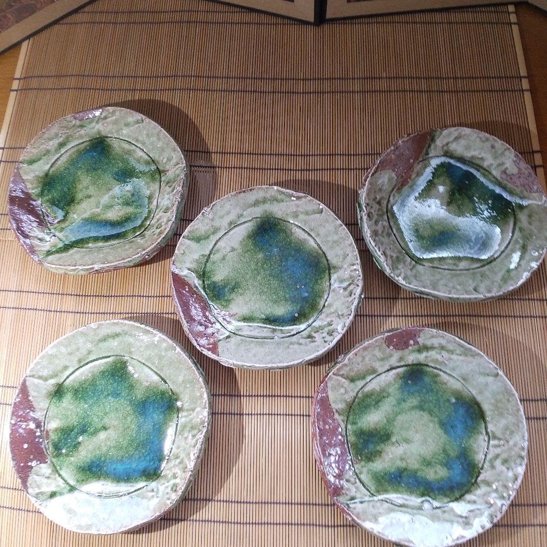 高橋楽齋作 信楽 織部秞 変形 銘々皿 五枚揃い 共箱
