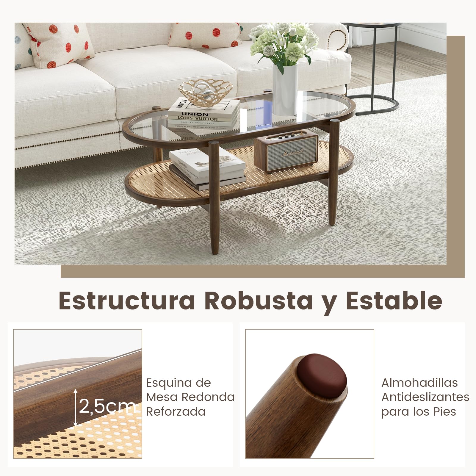 GIANTEX Mesa de Centro Ovalada de Madera Maciza con Tapa de Cristal | Mesa de Salón con Estante de Ratán, 102 x 56 x 47 cm, Estilo Bohemio, para Dormitorio y Oficina