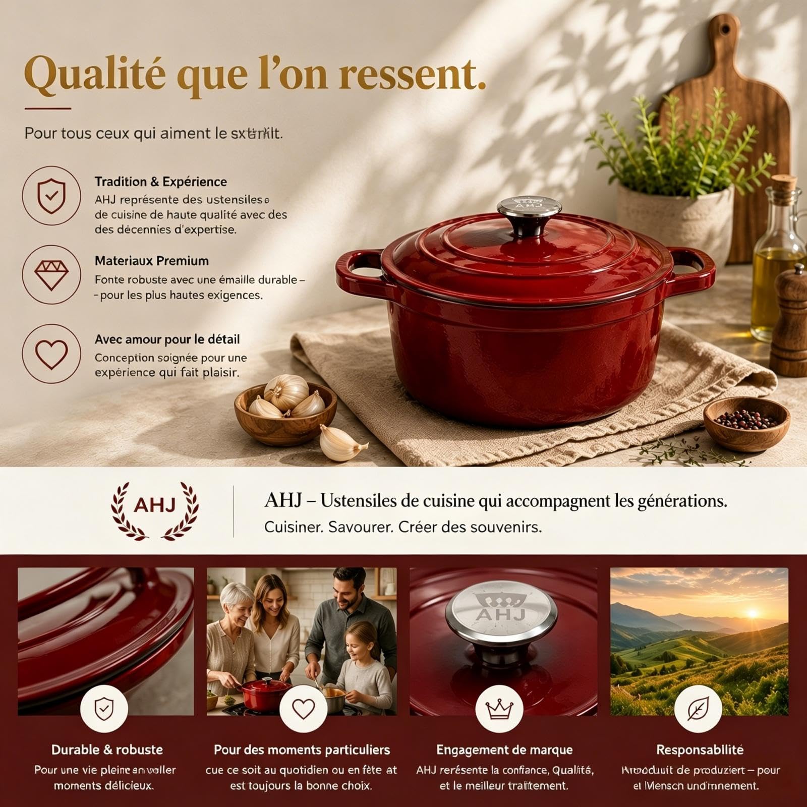 AHJ 4 Casseroles en Fonte Émaillée, Ensemble de cocottes avec poêle à Pain de 4,5 L, rôtissoire de 2,5 L, poêle à Griller de 1,2 L et Couvercle, antiadhésif, va au Four jusqu'à 260°C, Rouge