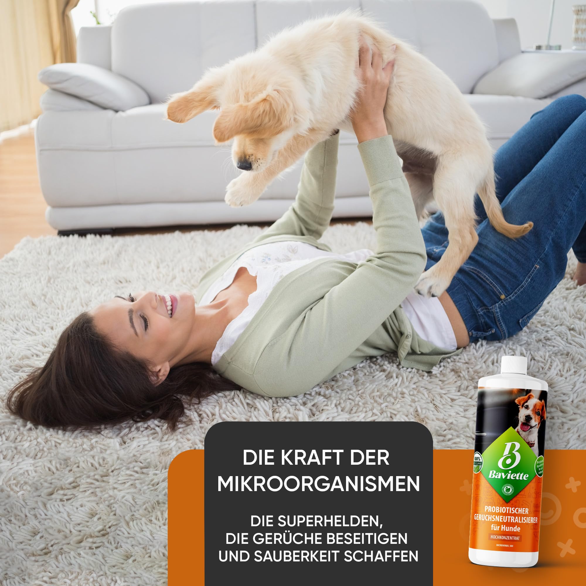 Baviette Concentré 1L – Neutralisateur d’odeurs pour foyers avec Chiens, avec Micro-organismes probiotiques naturels, sans Chlore et Doux pour Les Surfaces, pour Textiles, Meubles, Tapis et Voiture