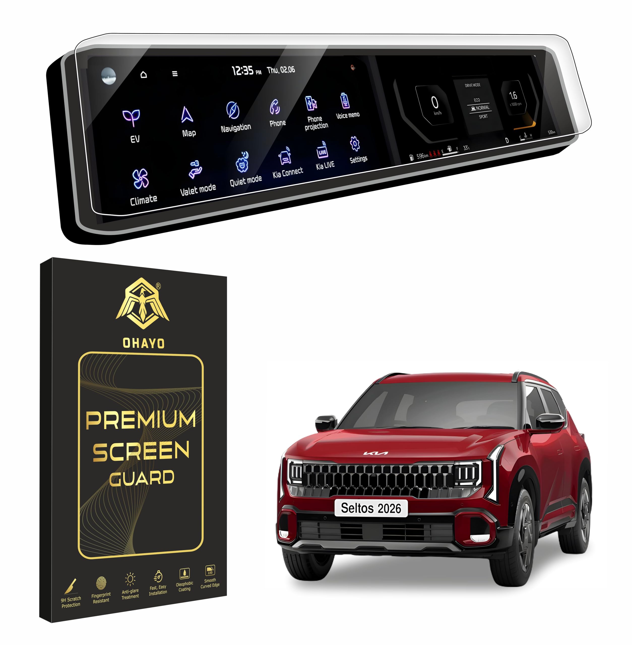 OHAYO Screen Guard for Kia Seltos 2026+ Facelift | 12.3" Dual Infotainment & Instrument Cluster Protector | Anti-Scratch, HD Clear, Water-Repellent | High Touch Sensitivity | HTE, HTK, HTX, GTX, X-Line | Not Tempered Glass-image-32