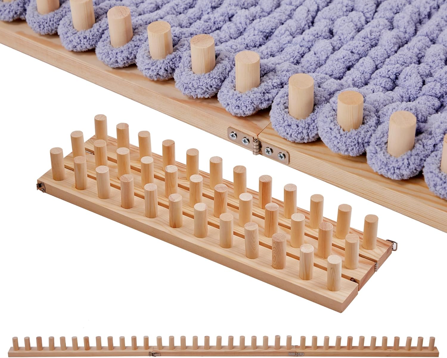 Photovoltis 65-Inch Wooden Loom Kit for DIY Chunky Blankets, Foldable Frame with Tools, Portable Weaving Loom for Beginners, Handmade Throws and Scarves