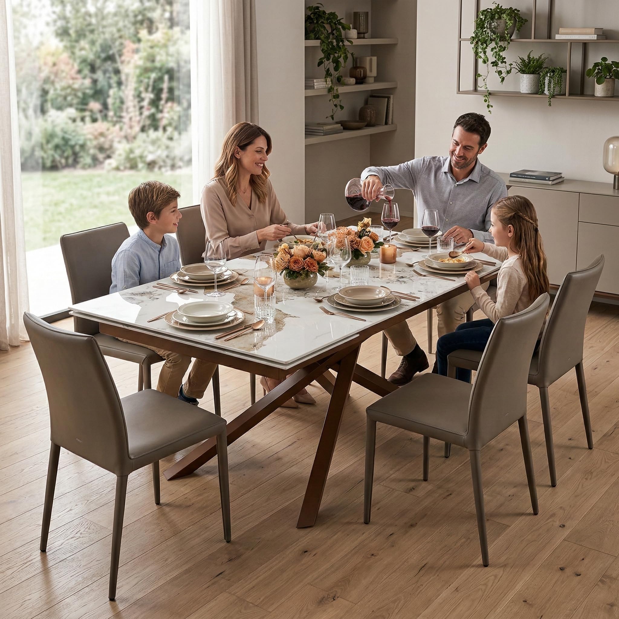 Cribel George Tavolo Allungabile Con Piano in Gres Porcellanato Effetto Marmo Kashmir Beige Lucido E Gambe Bronzo, Tavolo Da Pranzo Moderno 160-240x90x75 Cm