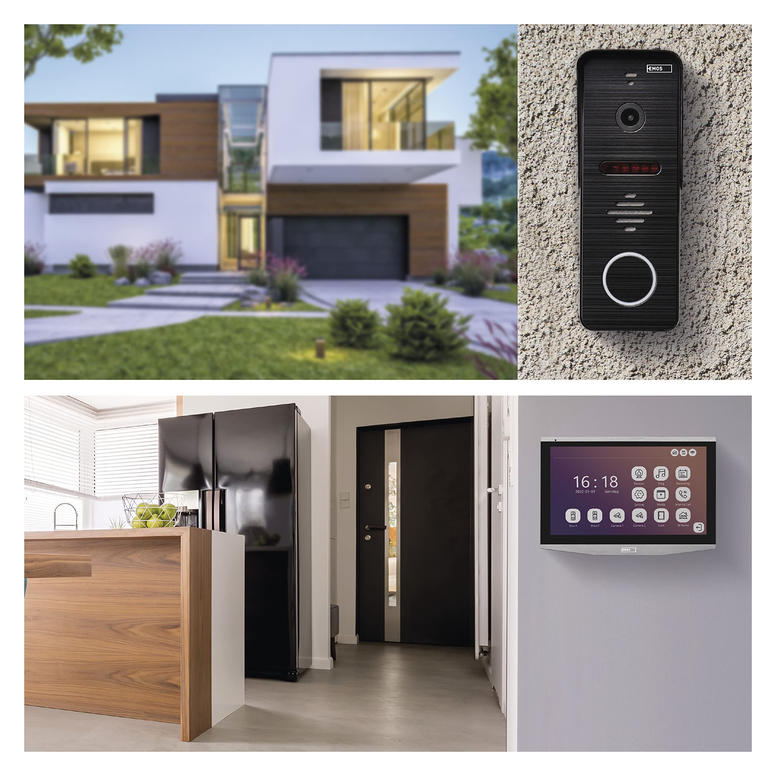 EMOS GoSmart wideodomofon IP-700A z WiFi i aplikacją, wodoszczelna kamera Full-HD z noktowizorem na podczerwień, monitor z kolorowym wyświetlaczem LCD 7", migawka, nagrywanie, sterowanie zamkiem drzwi