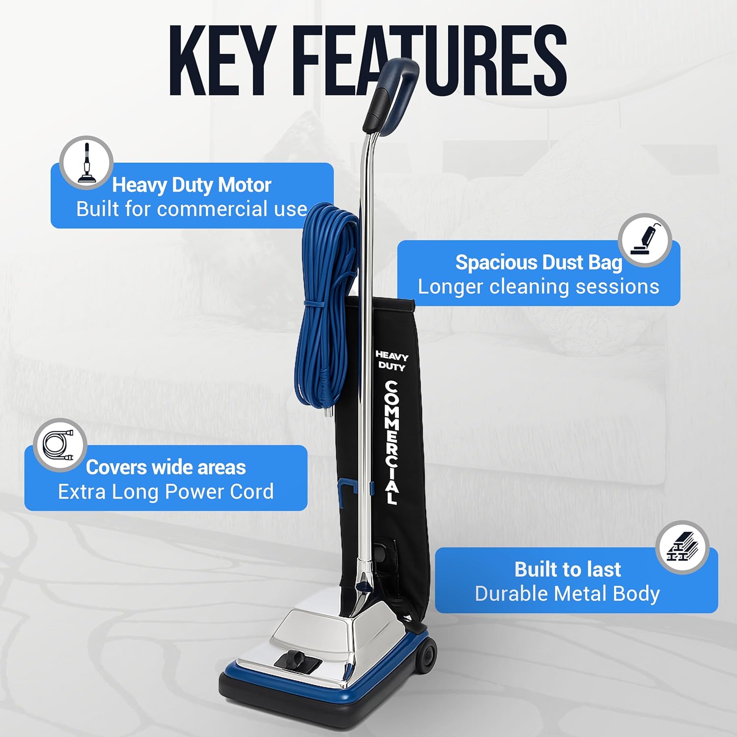 12" Commercial Vacuum Cleaner with Shake Out Bag, XL Vac for Carpets & Hard Floors, Lightweight with Chrome Hood, Automatic Height Adjustment & High-Speed Brush Roll