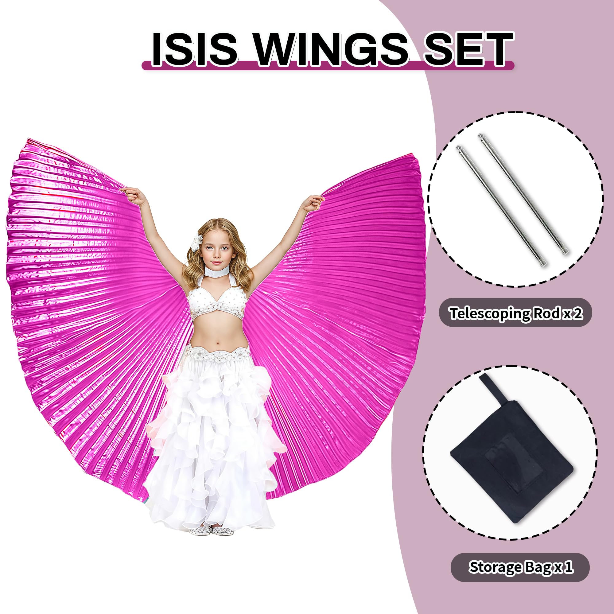 Baisdan Kids Isis Wings (Wings + Stick+ Carrying Bag) Belly Dance Performance Costumes for Girls Rose red - Image 2